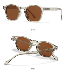 Detail view showing the 45-degree side and back profile of transparent grey retro sunglasses