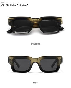 Front and top view of oversized square polarized sunglasses in olive black gradient frame