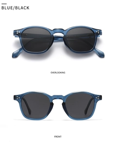 Front and top view of blue-black round polarized sunglasses with metal rivet accents