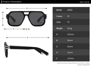 Size chart and detailed dimensions of polygon frame oversized sunglasses Model 26002