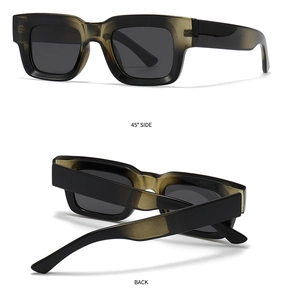 Detail view of bold square polarized sunglasses showing 45-degree side and back structure