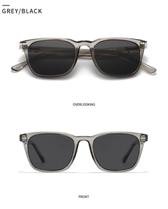 Polarized grey translucent sunglasses with dark lenses in top and front view perspective