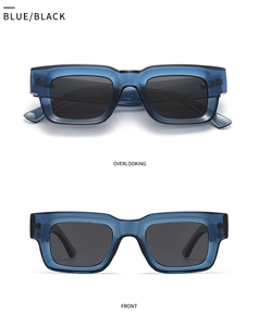 Front and overlooking views of classic square polarized sunglasses in blue and black