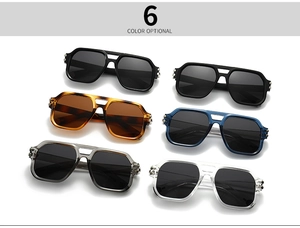 Close-up of stylish polygon aviator sunglasses showing six different color frame options