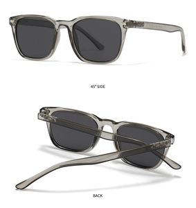 Detail of square polarized sunglasses showing hinge craftsmanship and temple specs