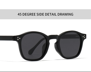 Detailed 45-degree side view of retro round polarized sunglasses with metal dot accents