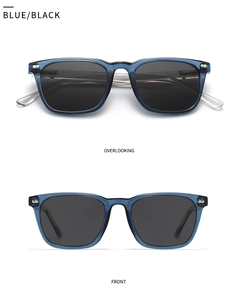 Detailed front and top views of stylish blue transparent polarized square sunglasses