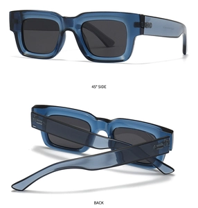 Detailed view of blue transparent square sunglasses showing 45-degree side and back angles