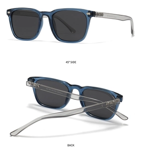 Detailed views of translucent blue square polarized sunglasses from side and back angles