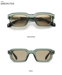 Vues frontale et supérieure de lunettes de soleil carrées vertes rétro avec verres thé