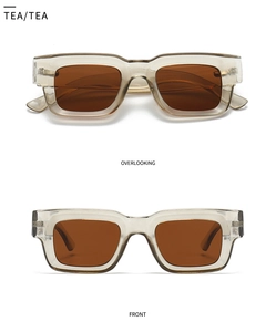 Front and overlook view of rectangular tea-brown translucent frame polarized sunglasses