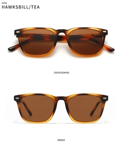 Detail view of tortoiseshell square sunglasses with tea lenses and metal rivets