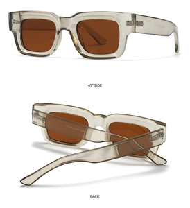 Detailed views of translucent grey square sunglasses with brown lenses from side and back angles