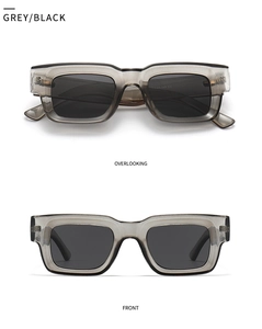 Detailed front and top view of grey transparent rectangular polarized sunglasses