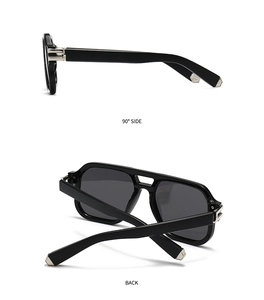 Detailed side and back views of black aviator sunglasses with silver metal hinges