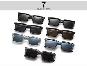Flat lay display of unisex polarized square sunglasses in seven diverse frame colors