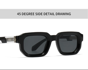Détails de lunettes de soleil carrées noires avec accents métalliques sous un angle de 45°