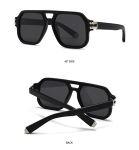Detail view of black polygon sunglasses with metallic hinge and side-back perspective