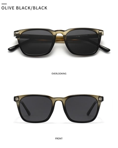 Front and top view of gradient olive black square polarized sunglasses with metal rivets