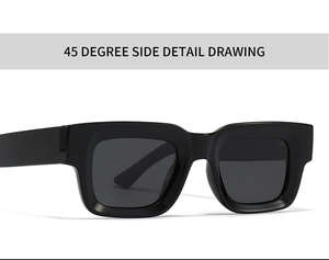 Detailed 45-degree side view of thick black square polarized sunglasses with wide temples