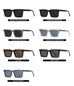 Detailed view showing seven color variations of polarized square frame sunglasses in a flat lay