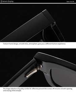 Close-up of durable metal hinge and textured black frame design on polarized sunglasses