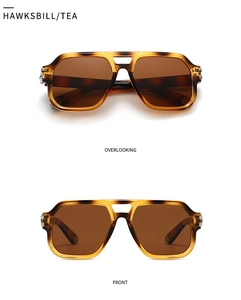 Dual view of oversized tortoiseshell sunglasses with double bridge and metal rivets