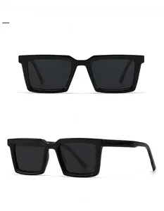 Detailed front and side views of bright black polarized square sunglasses for men and women