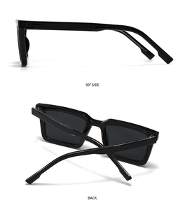 Detailed side and back view of black polarized square sunglasses showing frame structure