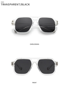 Close-up of transparent polygon sunglasses showing metal hinge detail and front view