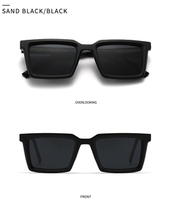 Detail view of rectangular polarized sunglasses in sand black finish with black lenses