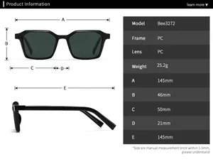 Detailed size chart for Bee3272 sunglasses showing frame measurements and specifications