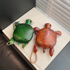 Mini sacs à main mignons en cuir en forme de tortue, vert et marron avec coutures