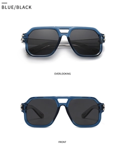 Blue translucent polygon sunglasses with black lenses shown in front and top views