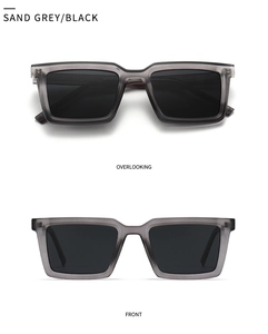 Detail view of square sand grey polarized sunglasses with black lenses from front and top