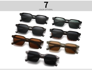 Flat lay of retro polarized square sunglasses available in seven different stylish colors