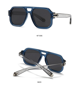 Dual view of blue translucent pilot sunglasses featuring grey lenses and silver metal hinges