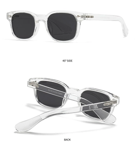 Vue détaillée de lunettes carrées transparentes avec charnières et marquage CE conforme