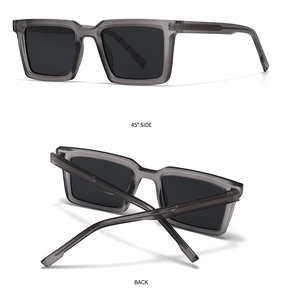 Detail view of square polarized sunglasses featuring grey translucent frames from 45 degree angle