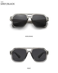 Front and top view of chunky grey aviator sunglasses with a double-bridge frame design