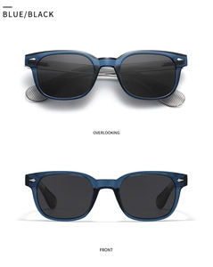 Détails de lunettes de soleil polies bleues avec rivets argentés, vues de face et de haut