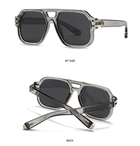 Detail view of double-bridge polygon sunglasses featuring translucent grey frames