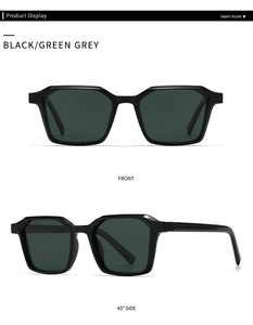 Front and 45-degree side views of black square polarized sunglasses with grey lenses