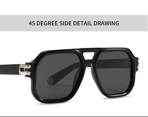 Close-up of 45-degree side view showing silver metal hinge on black polygon sunglasses