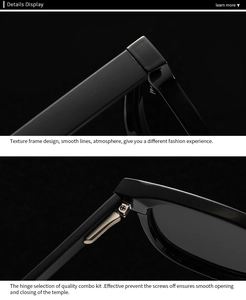 Détails des charnières métalliques et de la monture noire texturée pour lunettes polarisées