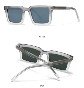 Detail view of square matte grey sunglasses featuring 45-degree side and back angles