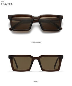 Macro view of matte brown rectangular sunglasses frame with internal temple size markings