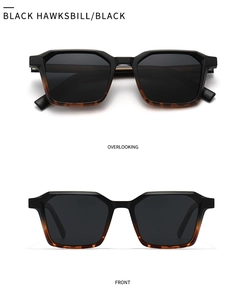 Detailed views of geometric black and hawksbill rectangle polarized sunglasses for men