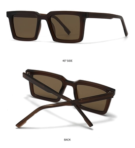 Detail of square polarized sunglasses showing 45-degree side and back views in brown