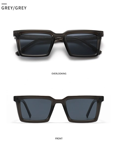 Detailed views of grey polarized sunglasses with square frame showing front and top angles